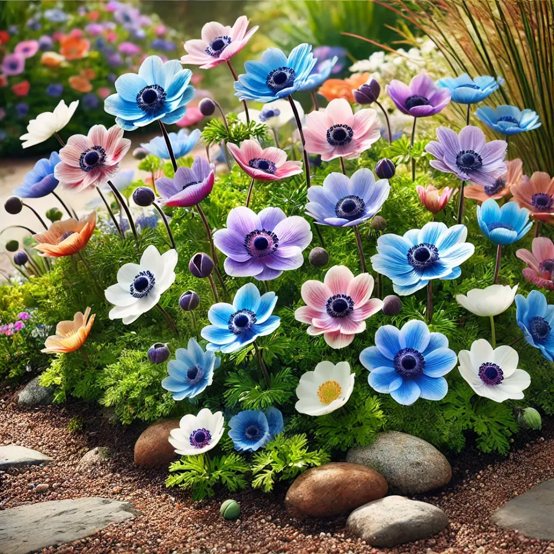 A vibrant garden with daisy-like anemones in blue, pink, and white blooms, growing in a rock garden under partial sunlight.
