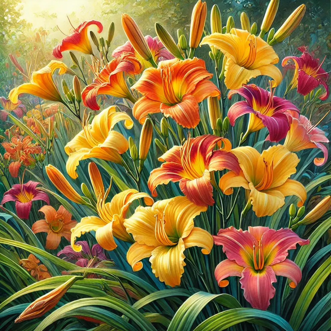 A vibrant garden scene with daylilies in full bloom, showcasing orange, yellow, red, and pink trumpet-shaped flowers amidst lush green foliage.