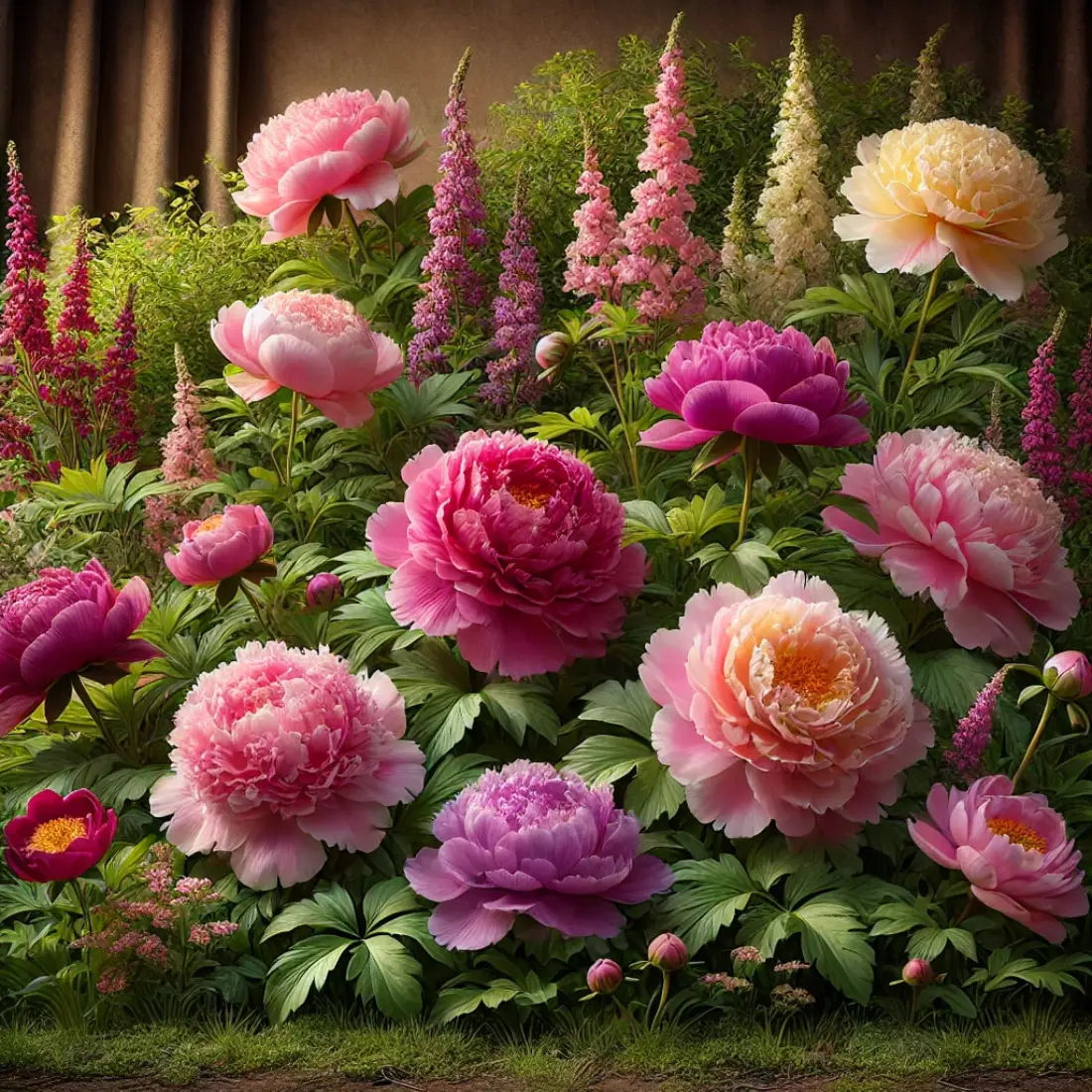 A serene garden with blooming peonies in pink, red, purple, and yellow, surrounded by lush green foliage in soft sunlight.