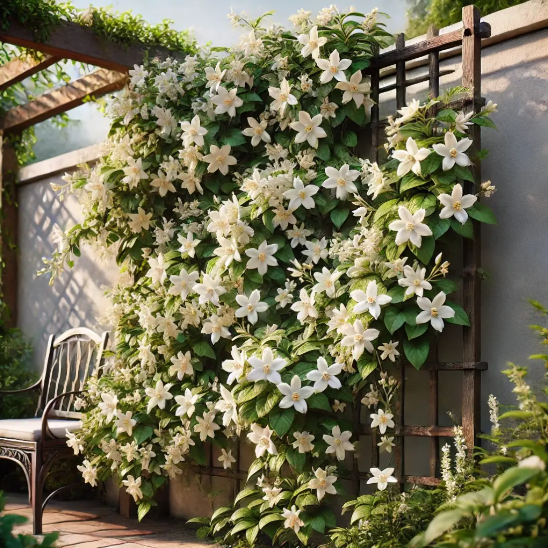 Common Jasmine plant with star-shaped white flowers climbing over a trellis in a sunny garden, surrounded by lush green foliage.