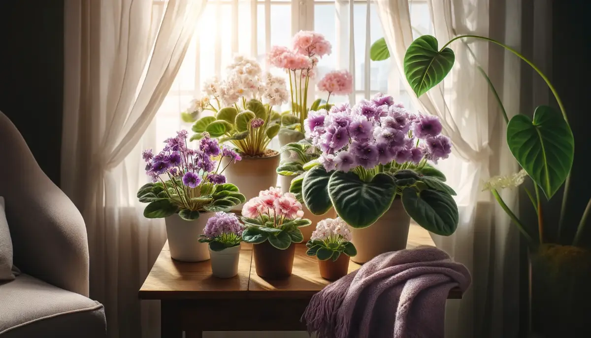 A variety of African violets in colors of deep violet, pink, and white, thriving on a sunny window sill with sheer curtains.