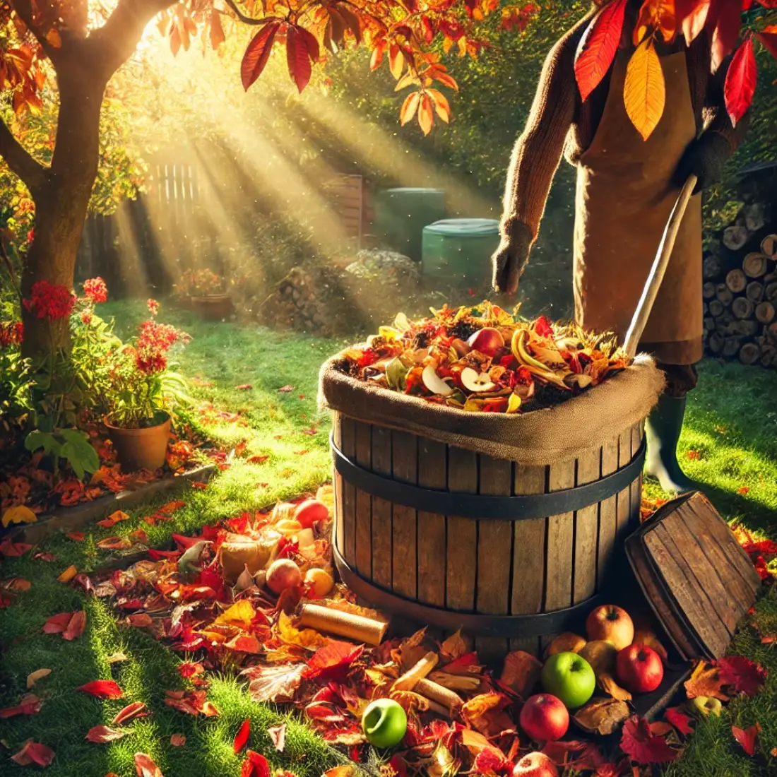 Autumn garden with a compost bin, filled with kitchen waste and fallen leaves, and a gardener adding more leaves under soft sunlight.