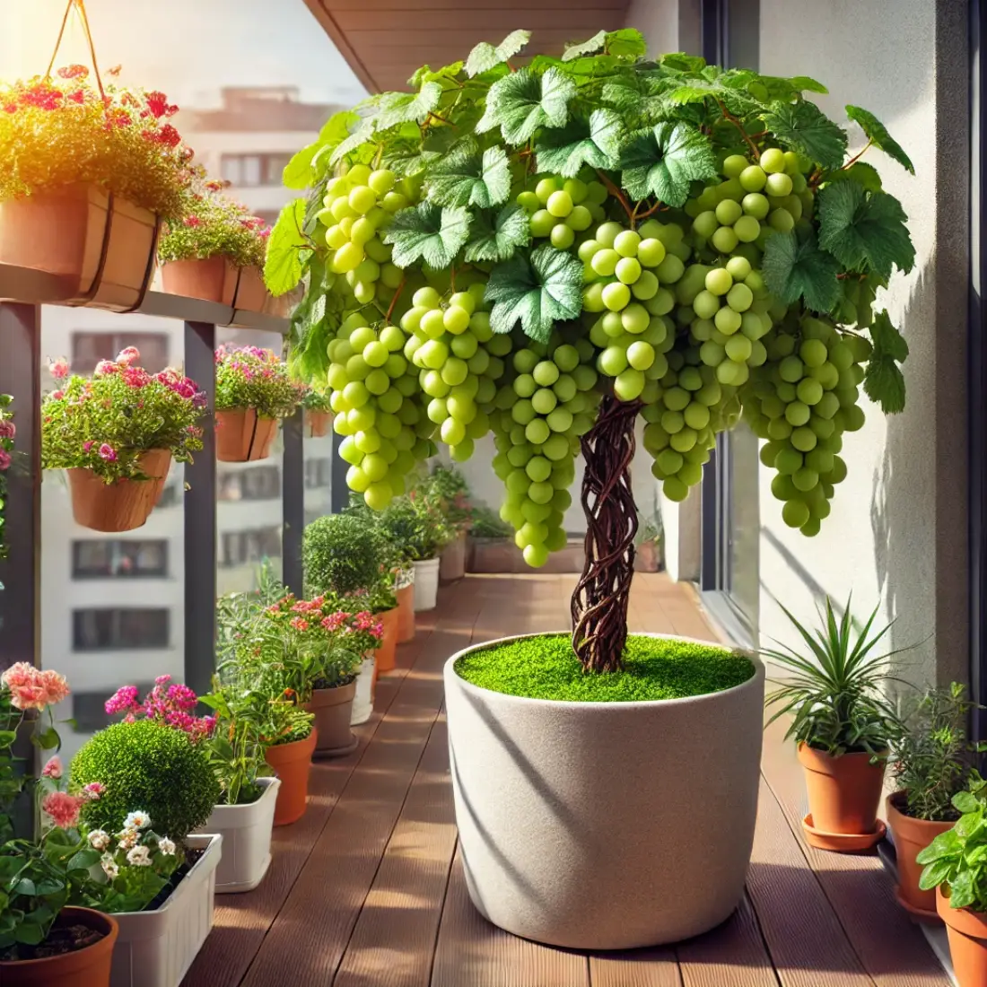 A lush Concord grapevine in a large container on a small balcony, surrounded by other potted plants and flowers. The grapevine is full of green leaves and ripe Concord grapes, ideal for making juice, jelly, and wine.