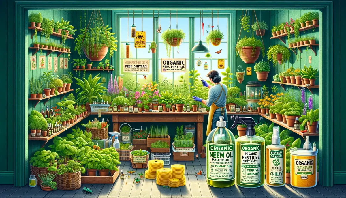 Gardener applies neem oil in a green-filled room, with homemade garlic-chili pesticide and yellow sticky traps for a chemical-free garden