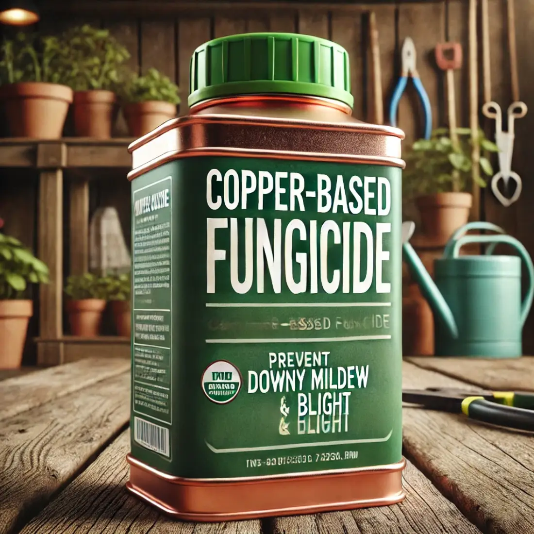 A copper-based fungicide bottle with green and copper accents on a wooden table, in a farm setting with tools and plants. No fungal infection visible.