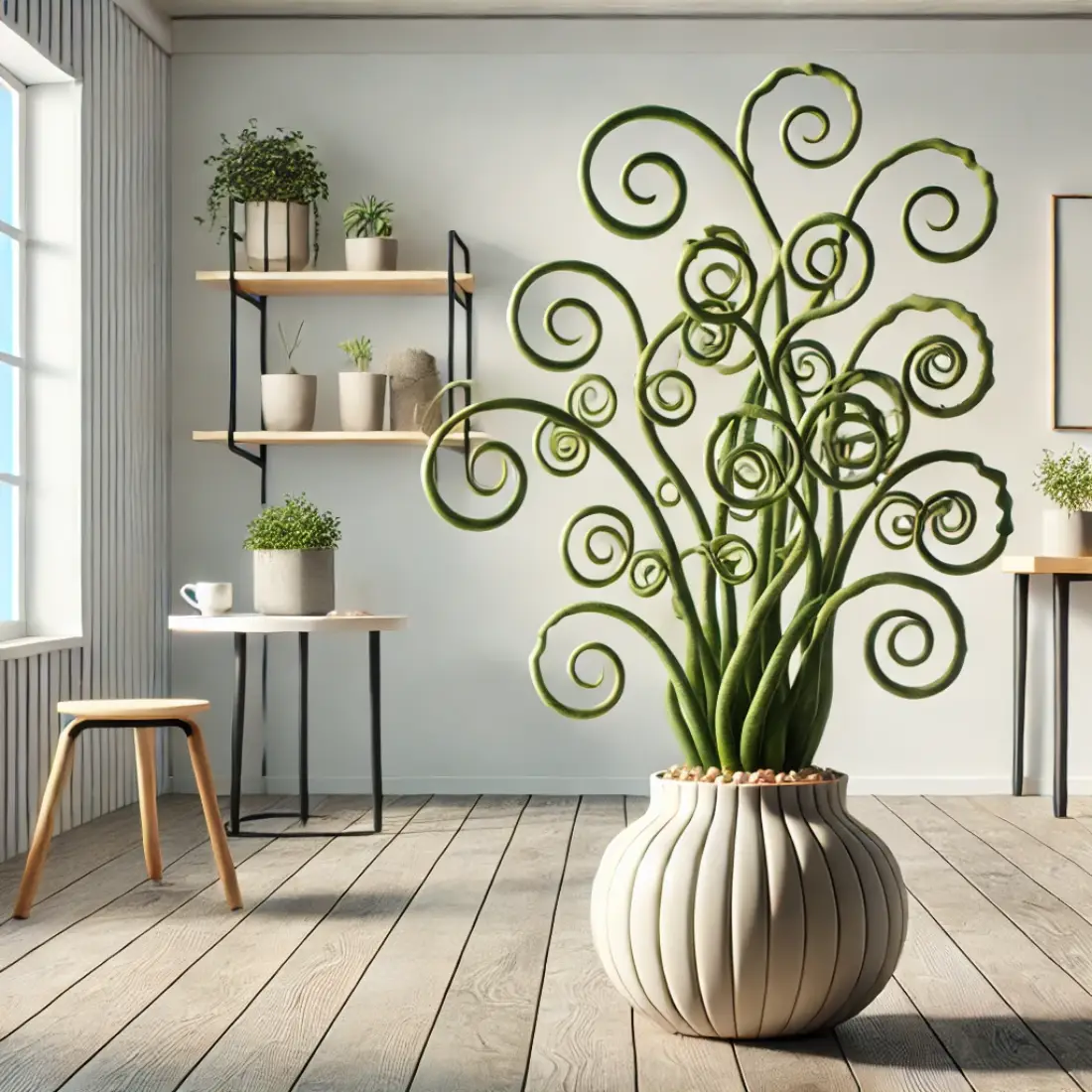 Indoor scene featuring a Corkscrew Albuca with curly, corkscrew-like leaves in a stylish pot, set in a bright, minimalistic room with clean lines and natural light.