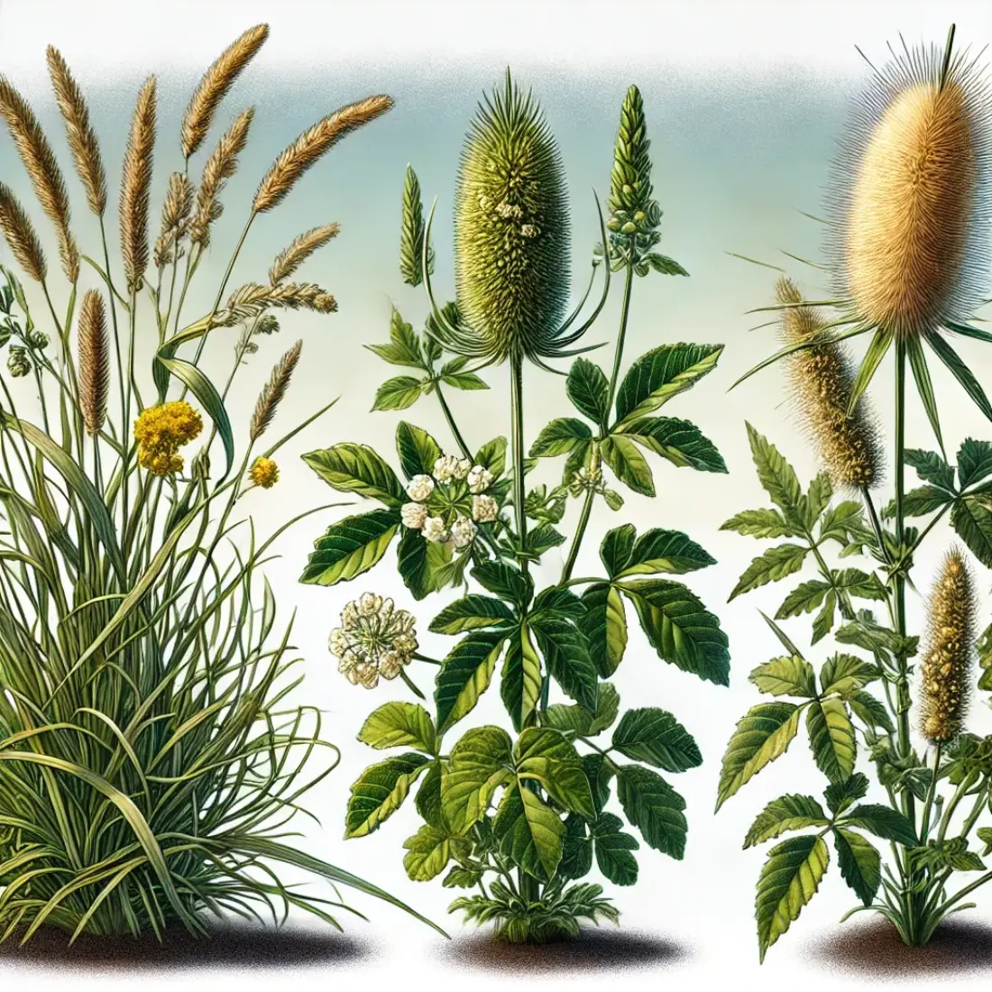 Close-up of Crabgrass, Pigweed, and Foxtail weeds in a natural garden setting under a clear sky.
