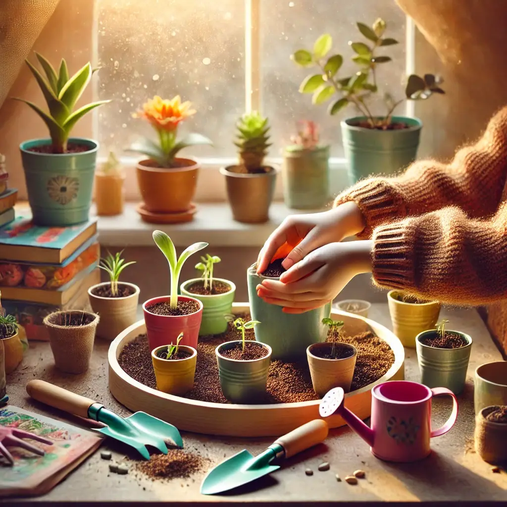 Children’s indoor gardening scene with colorful pots, sprouting plants, and kid-friendly tools, set on a low shelf with soft lighting.