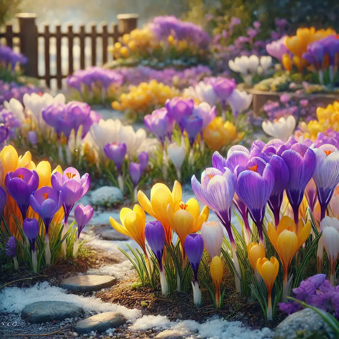 A small garden of purple, yellow, and white crocuses blooming through patches of snow in early spring sunlight.