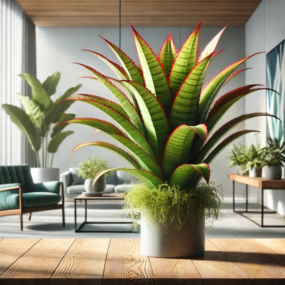 Cryptanthus Bromelioides with vibrant green leaves and reddish edges, prominently displayed in a stylish modern indoor space with soft natural lighting.