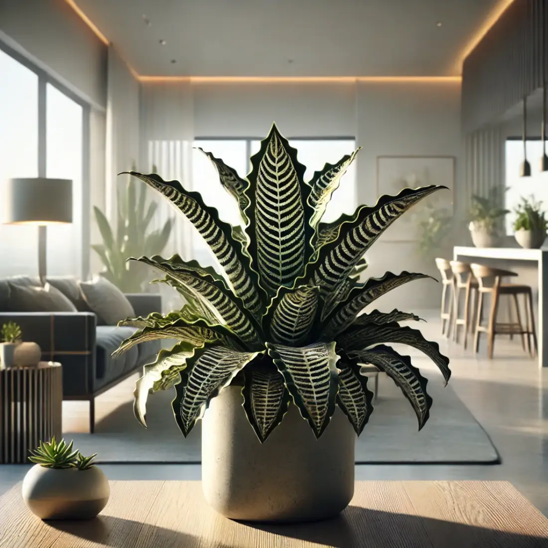 Cryptanthus Fosterianus with dark green leaves, silver banding, and wavy edges, prominently displayed in a modern indoor space with soft natural lighting.