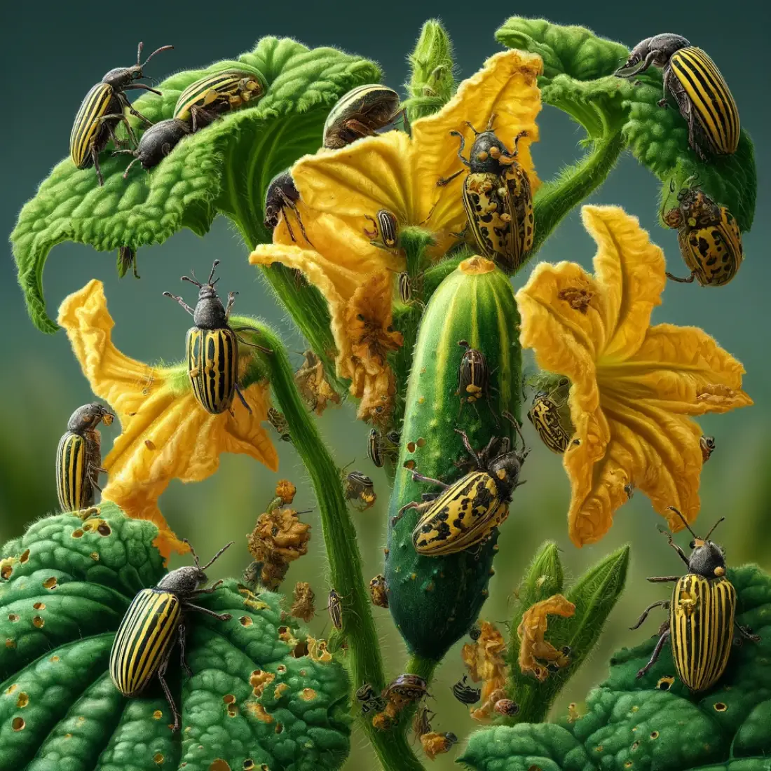 Yellow and black striped and spotted cucumber beetles chewing on cucumber plant leaves, flowers, and fruits, causing damage and wilting.