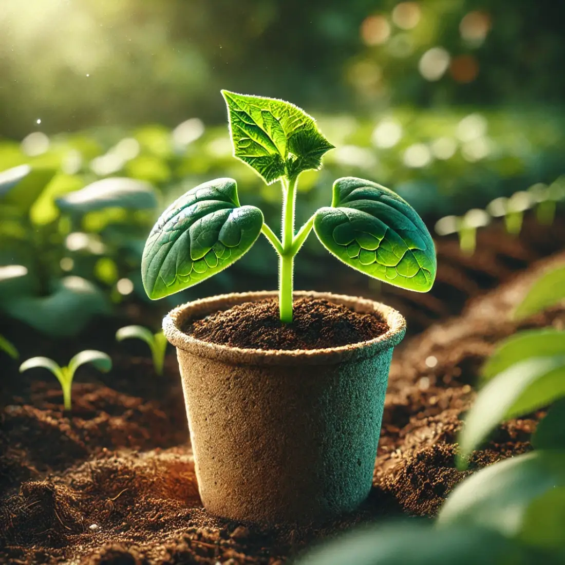 A single organic cucumber seedling in a biodegradable pot, set in a lush garden with rich soil and sunlight.