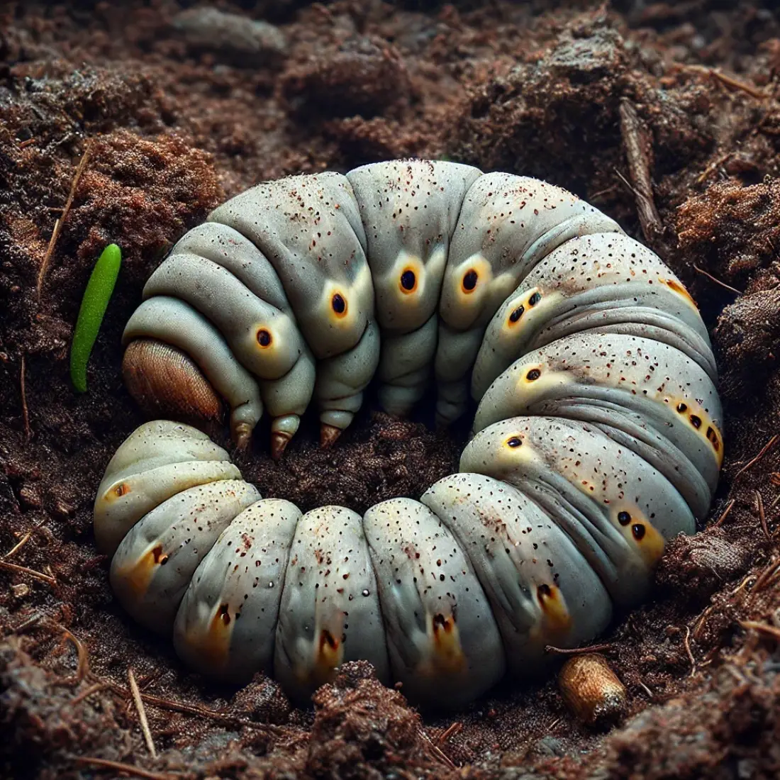 Close-up of a variegated cutworm curled into a tight "C" shape on disturbed soil, showing its grayish-brown, greasy-textured body with pale yellow dots.