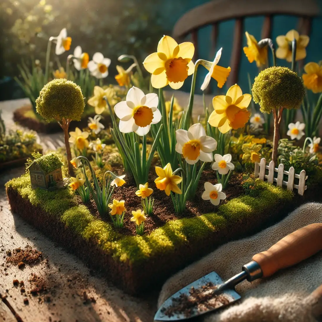 A small garden with blooming yellow and white daffodils planted in neat rows on a sunny spring morning, with garden tools nearby.