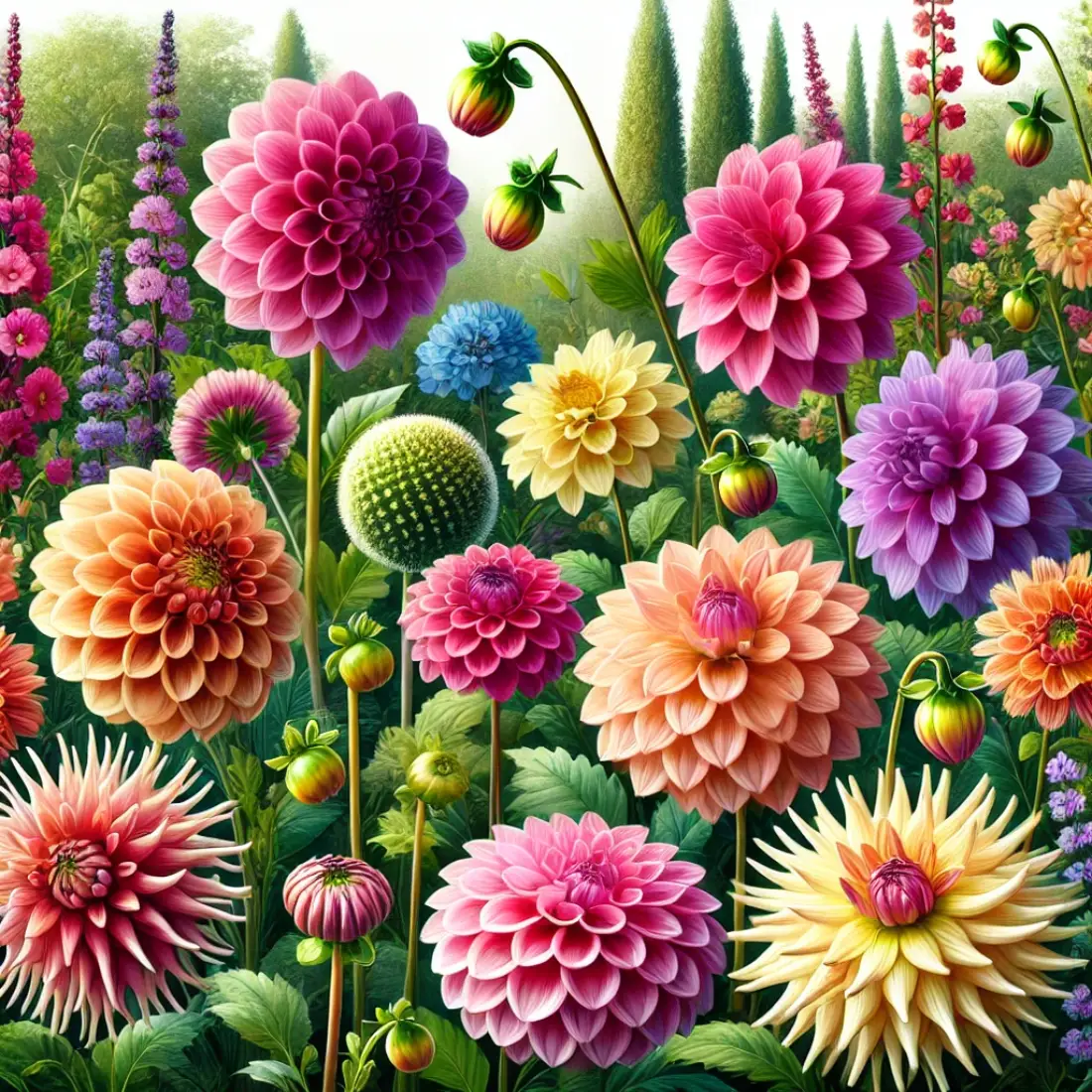 A lush garden featuring a variety of vibrant dahlias including Decorative, Cactus, Pompon, Dinner Plate, and Single Dahlias in diverse colors.