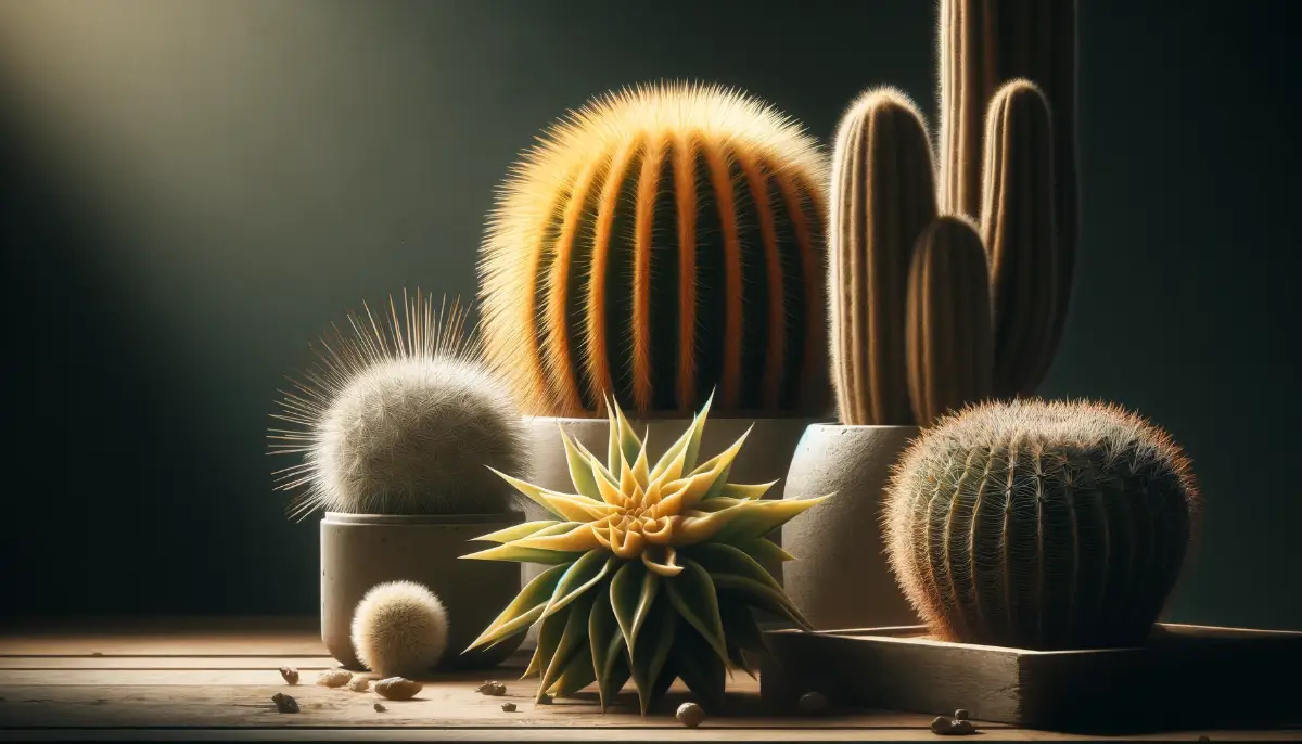 Detailed close-up of indoor cacti, including a spiny Golden Barrel, star-shaped Bishop’s Cap, and slender Ladyfinger Cactus, set against a modern backdrop.