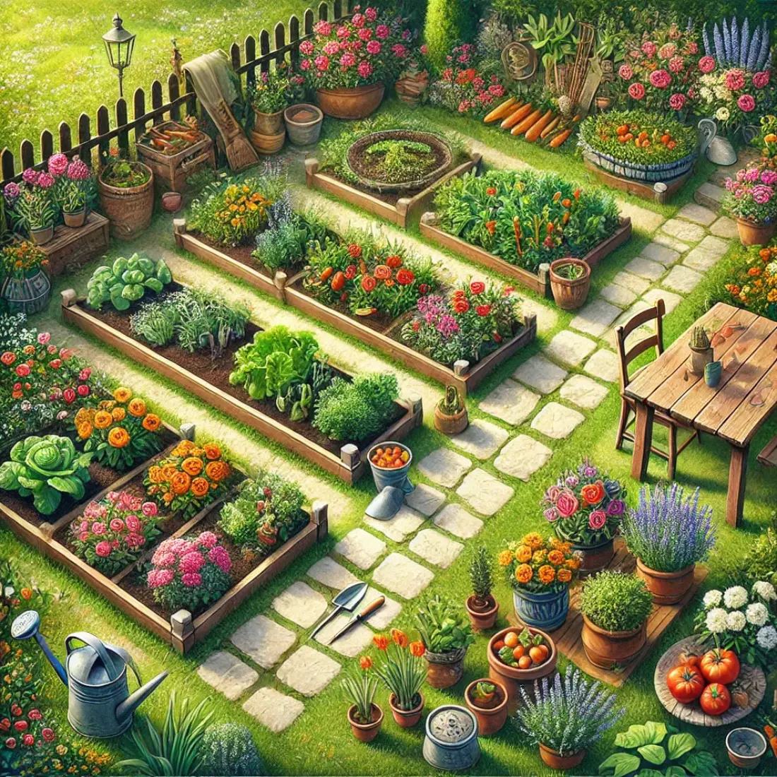 Small garden with distinct sections for vegetables in raised beds, colorful flowers, and herbs in pots on a rustic table, connected by stone pathways with garden decor.