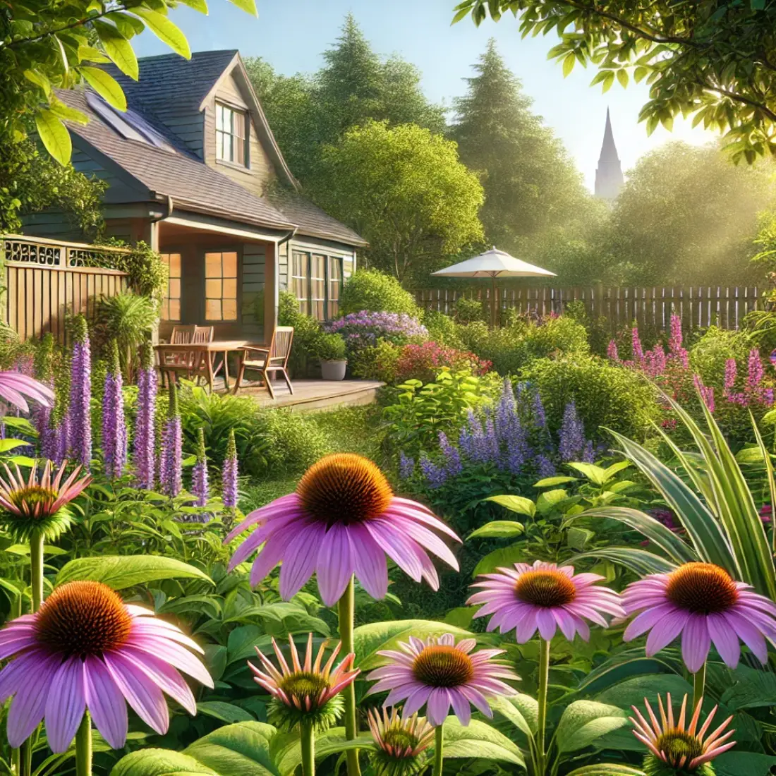 Realistic home garden showcasing three distinct Echinacea varieties: Echinacea purpurea with vibrant purple-pink flowers, Echinacea pallida with lighter, delicate petals, and Echinacea angustifolia with slender leaves and compact growth, surrounded by lush green foliage and garden elements under a sunny sky.