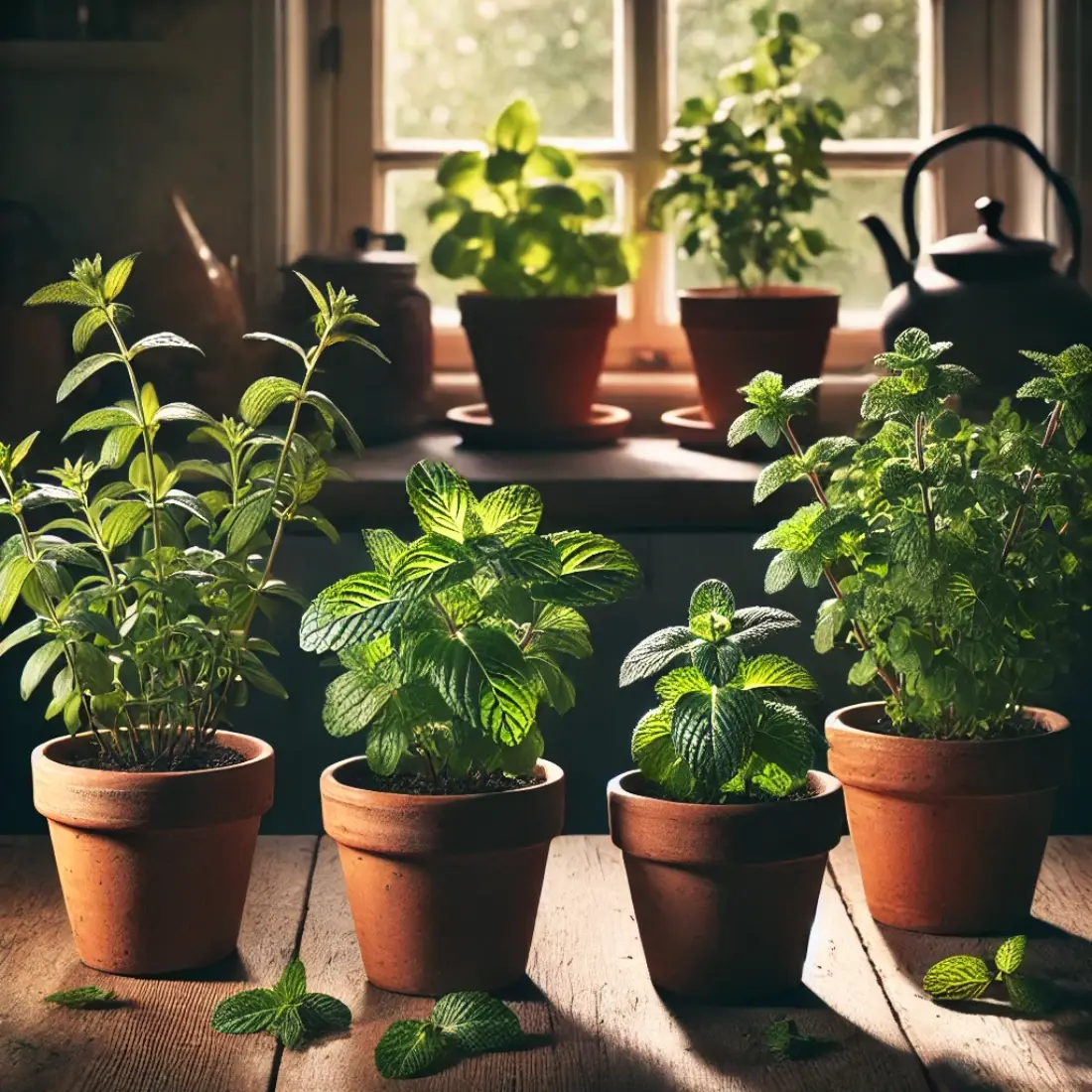 Four mint plants in terracotta pots on a wooden table in a cozy, sunlit kitchen, displaying their unique leaf characteristics.