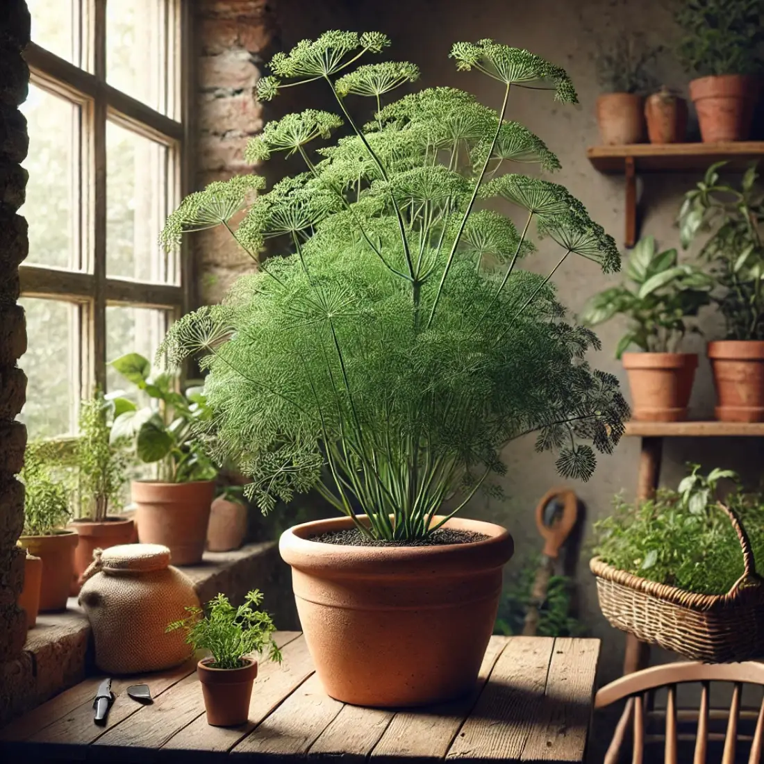 A bushy dill plant with dense, fern-like leaves in a large 12-inch terracotta pot on a wooden windowsill, surrounded by indoor herbs and gardening tools.