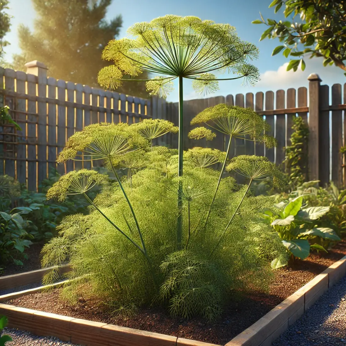 A dill plant with tall, delicate stems and dense, fern-like leaves thriving in a sunny garden bed, protected by a wooden fence.