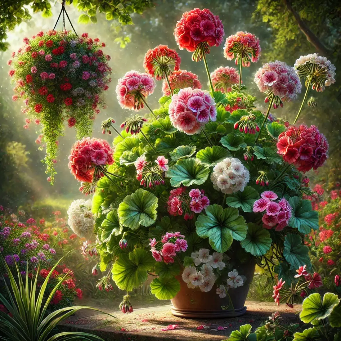 A vibrant display of blooming pelargoniums with pink, red, and white flowers in a garden bed, hanging basket, and potted on a sunlit patio.