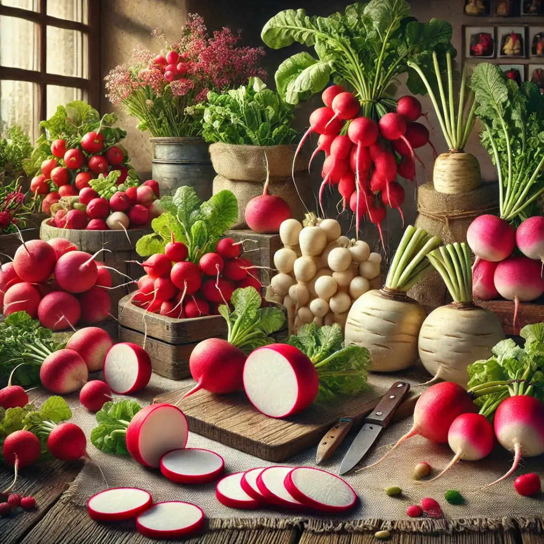 Various radishes, including red, white Daikon, and black, arranged on a wooden table with some cut open, alongside gardening tools and seed packets in a rustic kitchen setting.
