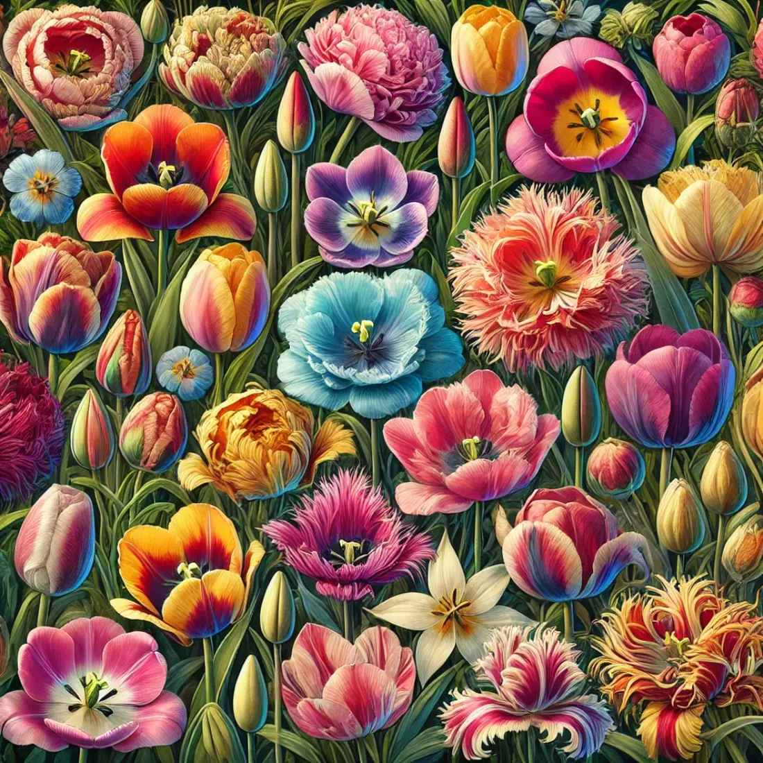 Various tulip types in bloom: Single Early, Double Early, Triumph, Darwin Hybrid, Parrot, Fringed, Lily-Flowered, and Species Tulips