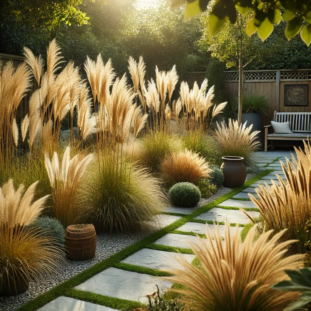 serene backyard landscape featuring outdoor ornamental grasses like feather reed grass and pampas grass, arranged alongside a stone pathway. The setting is sunny, with warm golden tones and lush greenery. A cozy bench sits in the background, surrounded by other garden plants, creating a peaceful and inviting atmosphere.