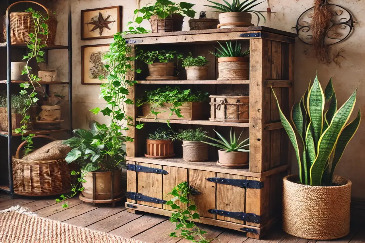 A rustic DIY plant cabinet made from reclaimed wood, featuring wooden shelves and black metal hardware. The cabinet holds plants like ivy, ferns, and snake plants, placed in a cozy corner with vintage decor and warm, earthy tones.