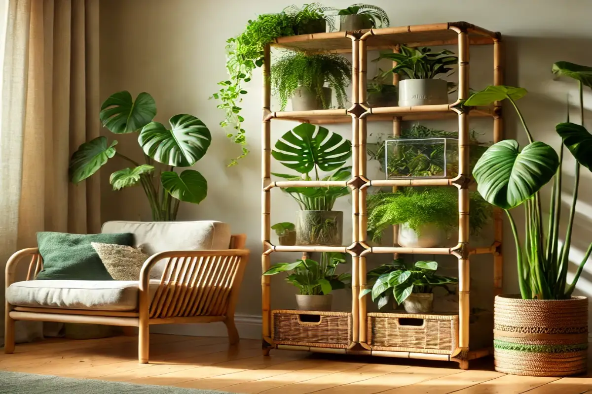 Modern DIY plant cabinet made from bamboo, rattan, and reclaimed wood, featuring glass-paneled doors showcasing lush green plants like ferns, pothos, and peace lilies. The cabinet is set in a cozy, well-lit living room with natural tones and soft sunlight streaming through a nearby window, creating an eco-friendly and inviting atmosphere.