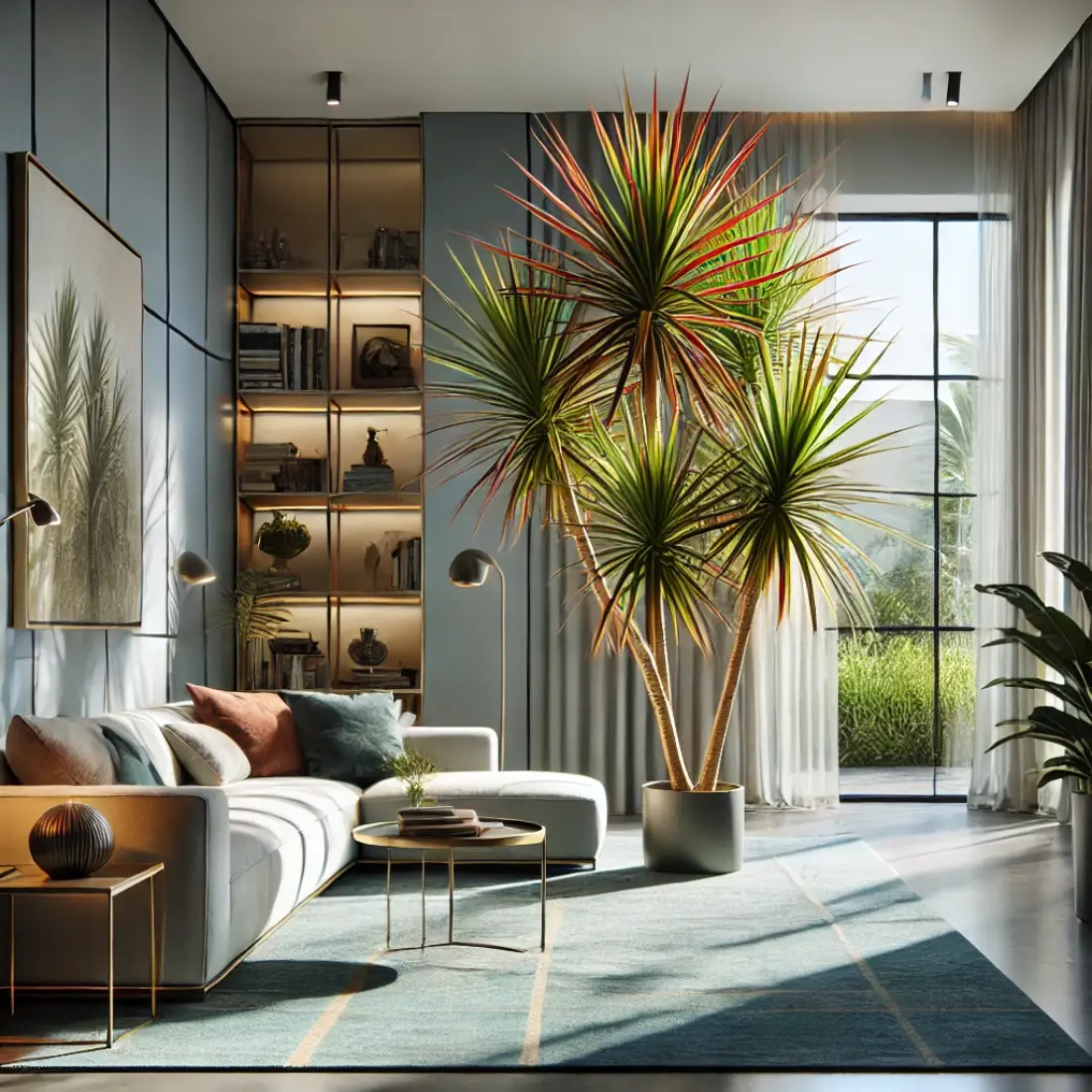 A modern living room featuring a Dracaena Marginata with green and variegated leaves, illuminated by natural light.