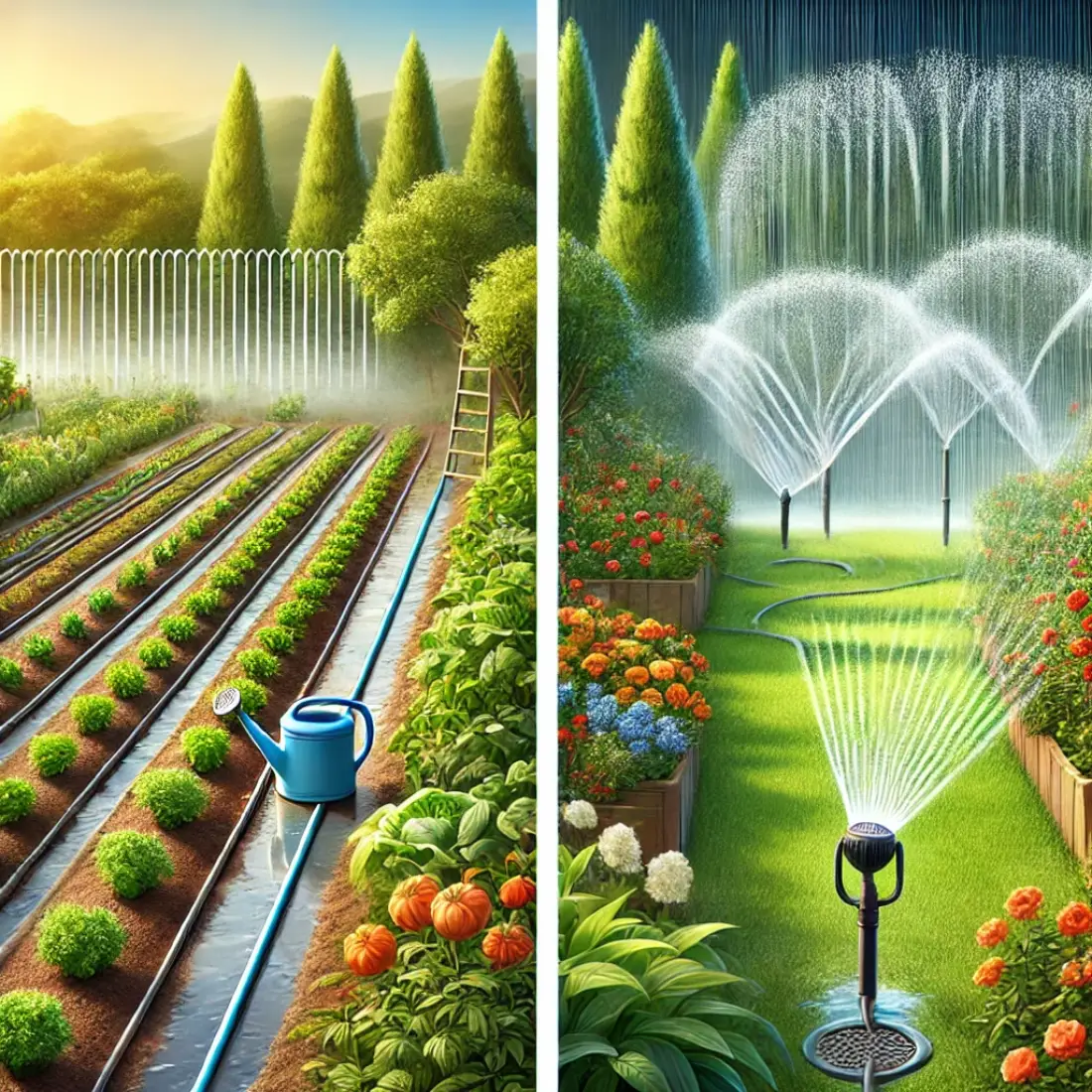 Realistic garden with drip irrigation lines watering a vegetable patch and flower beds on the left, and a sprinkler system hydrating a lawn and larger garden area on the right.