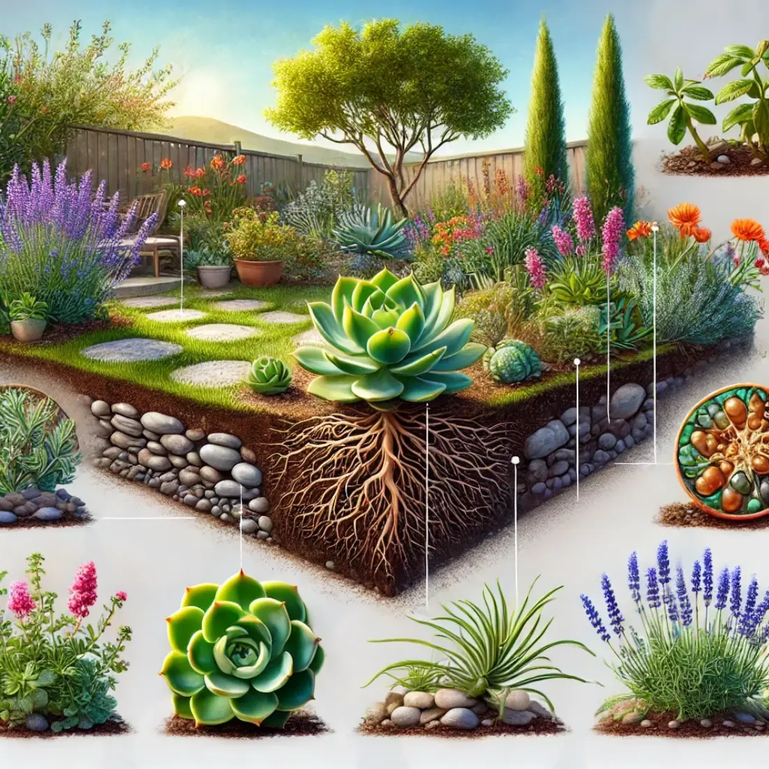 Sunny home garden showing drought-tolerant plants like Aloe Vera, Echeveria, Lavender, and Blue Fescue. Close-ups display deep roots and waxy leaves.