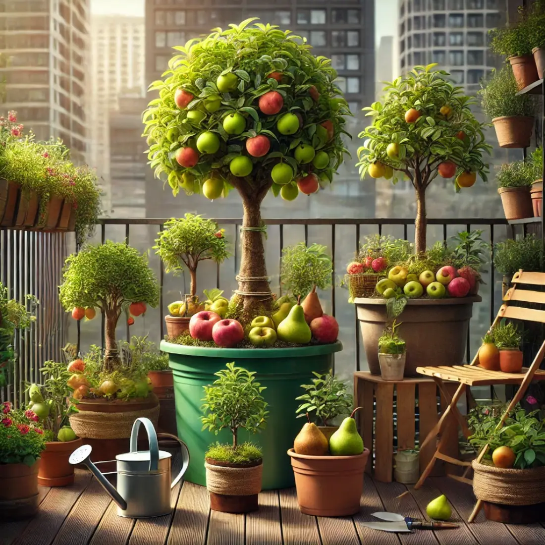 Small garden with dwarf apple and pear trees like 'Dwarf Granny Smith' in large containers, showcasing ripe fruits, gardening tools, and a table in an urban setting.