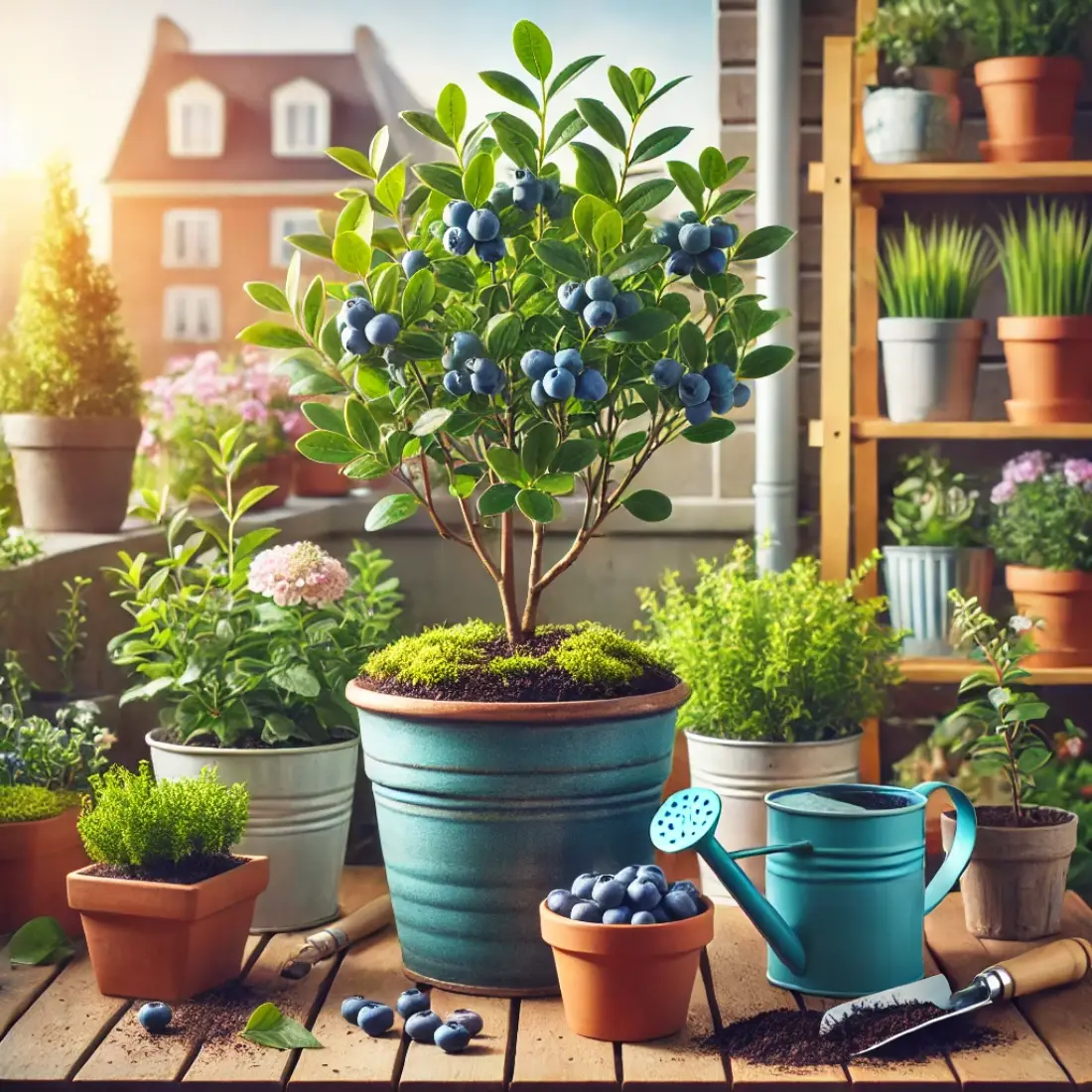 Small garden or balcony with dwarf blueberry plants in containers, thriving in full sun with ripe blueberries, surrounded by gardening tools and a watering can.