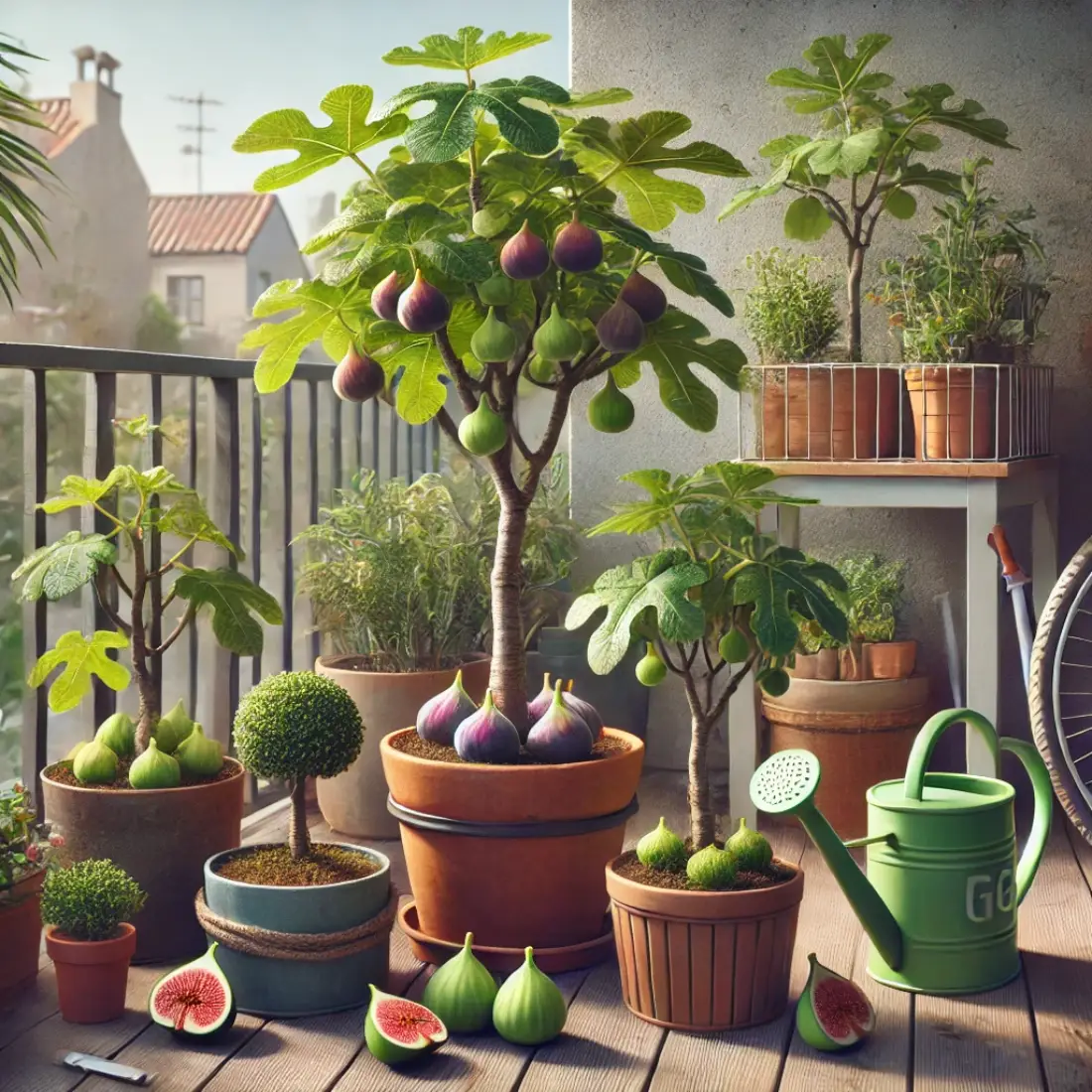 Small garden with dwarf fig trees like 'Petite Negra' in various containers, showing ripe figs, gardening tools, and a bench in an urban setting.