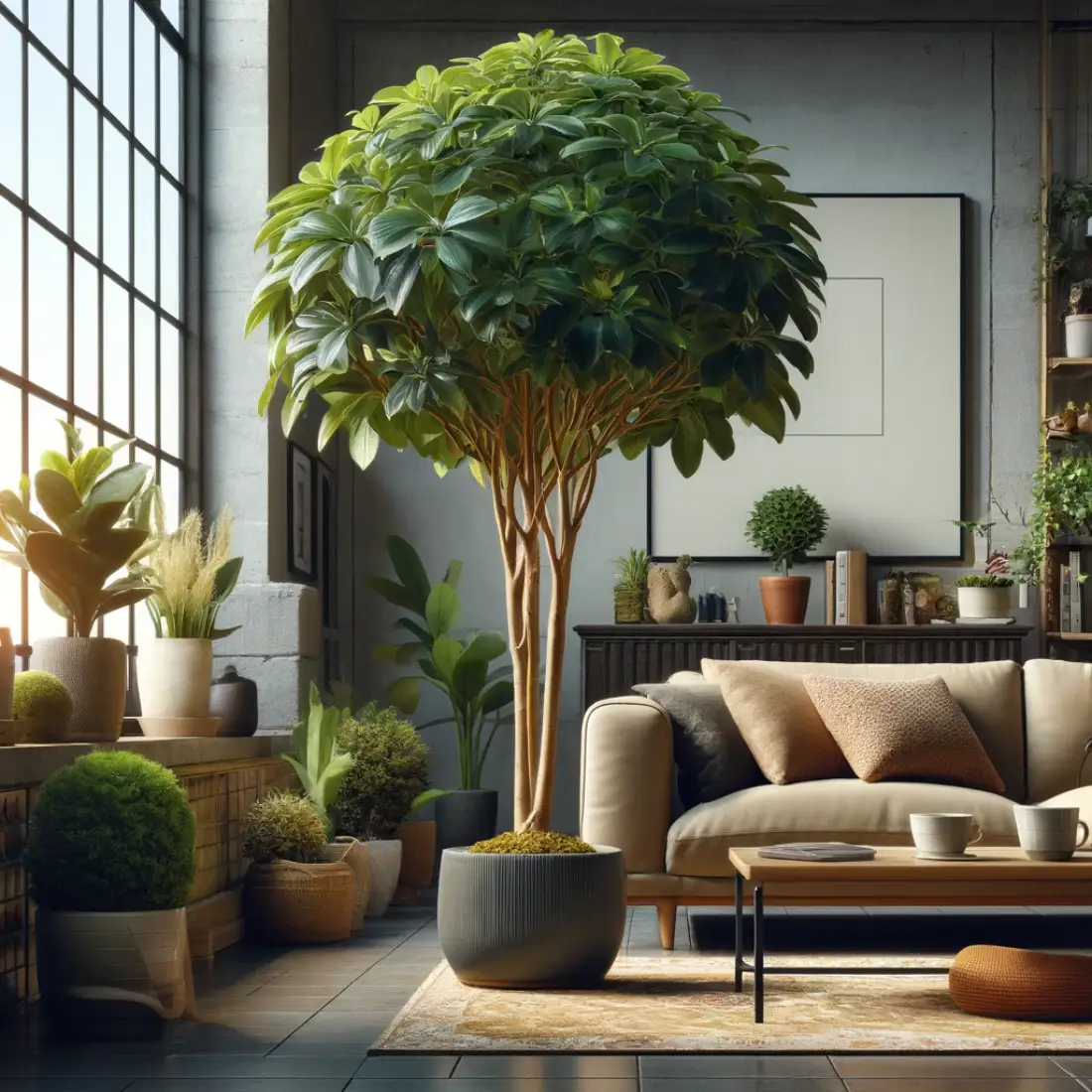 Modern living room featuring a 6-foot Dwarf Umbrella Tree in a stylish ceramic pot near a large window, with a cozy sofa, coffee table, and textured rug.