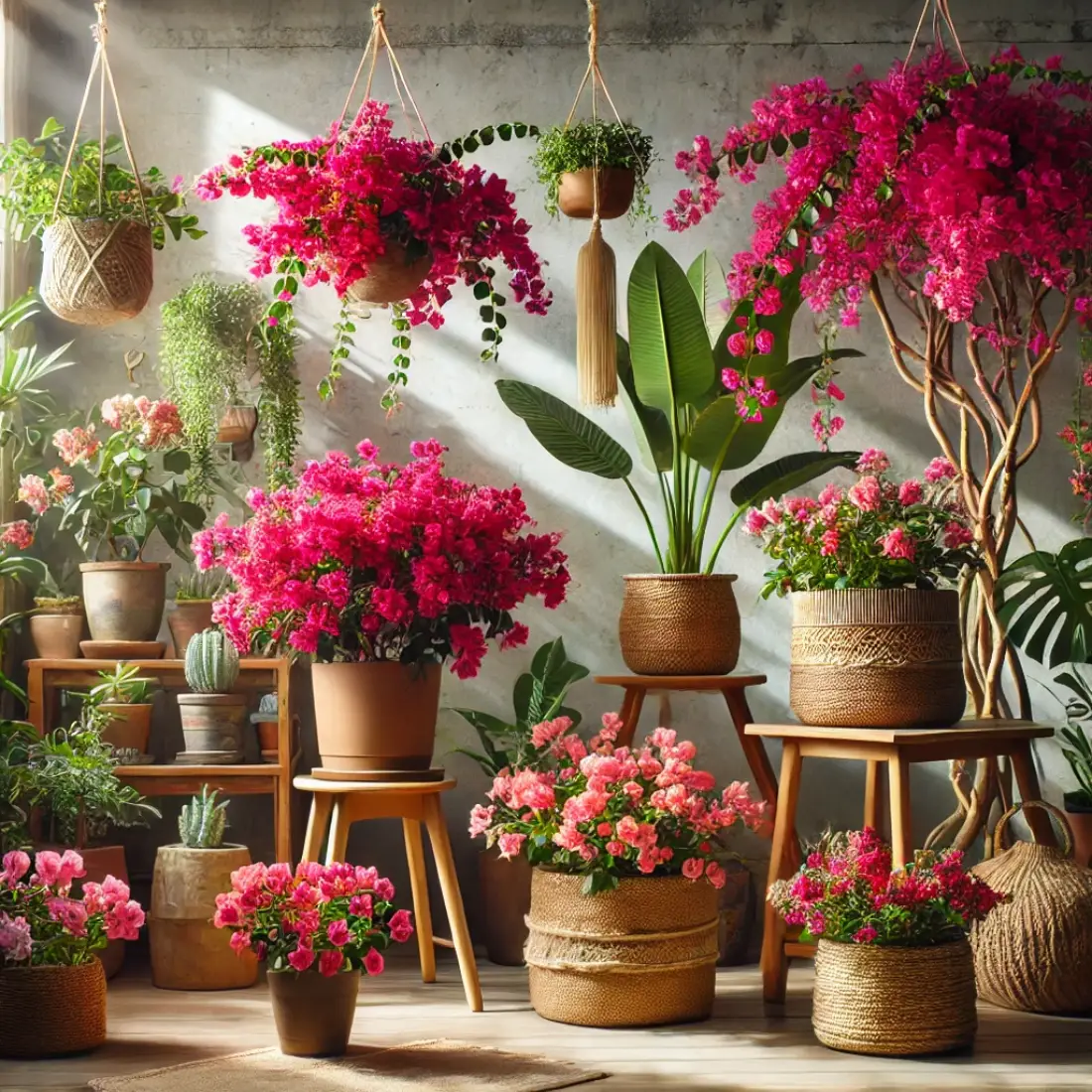 Indoor display of four bougainvillea varieties: pinkish-bronze, magenta, bright pink, and upright Torch Glow, in stylish pots.