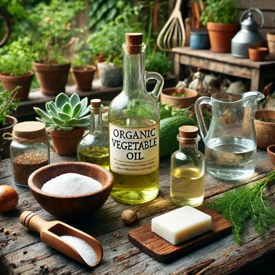 Ingredients for organic dormant oil, including dish soap, castile soap, baking soda, and water on a rustic wooden table with plants and garden tools.