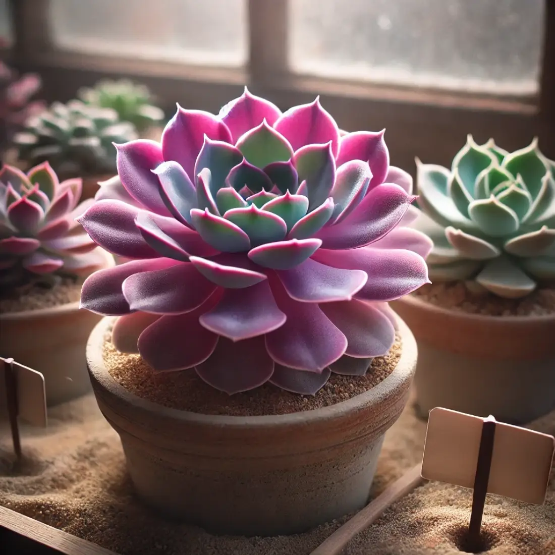 Echeveria ‘Afterglow’ with vibrant purple-pink leaves in a clay pot on a windowsill, and Echeveria ‘Elegans’ with pale green leaves in a clay pot in an outdoor garden.