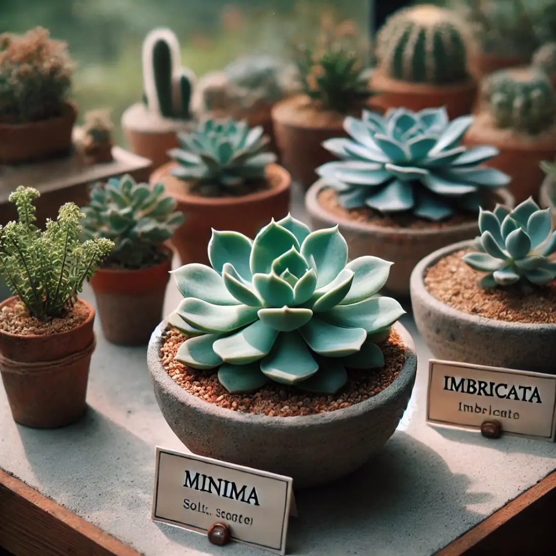 Echeveria ‘Minima’ in a clay pot on a windowsill with natural light, and Echeveria ‘Imbricata’ in a clay pot in an outdoor garden with sandy soil and rocks, each labeled.