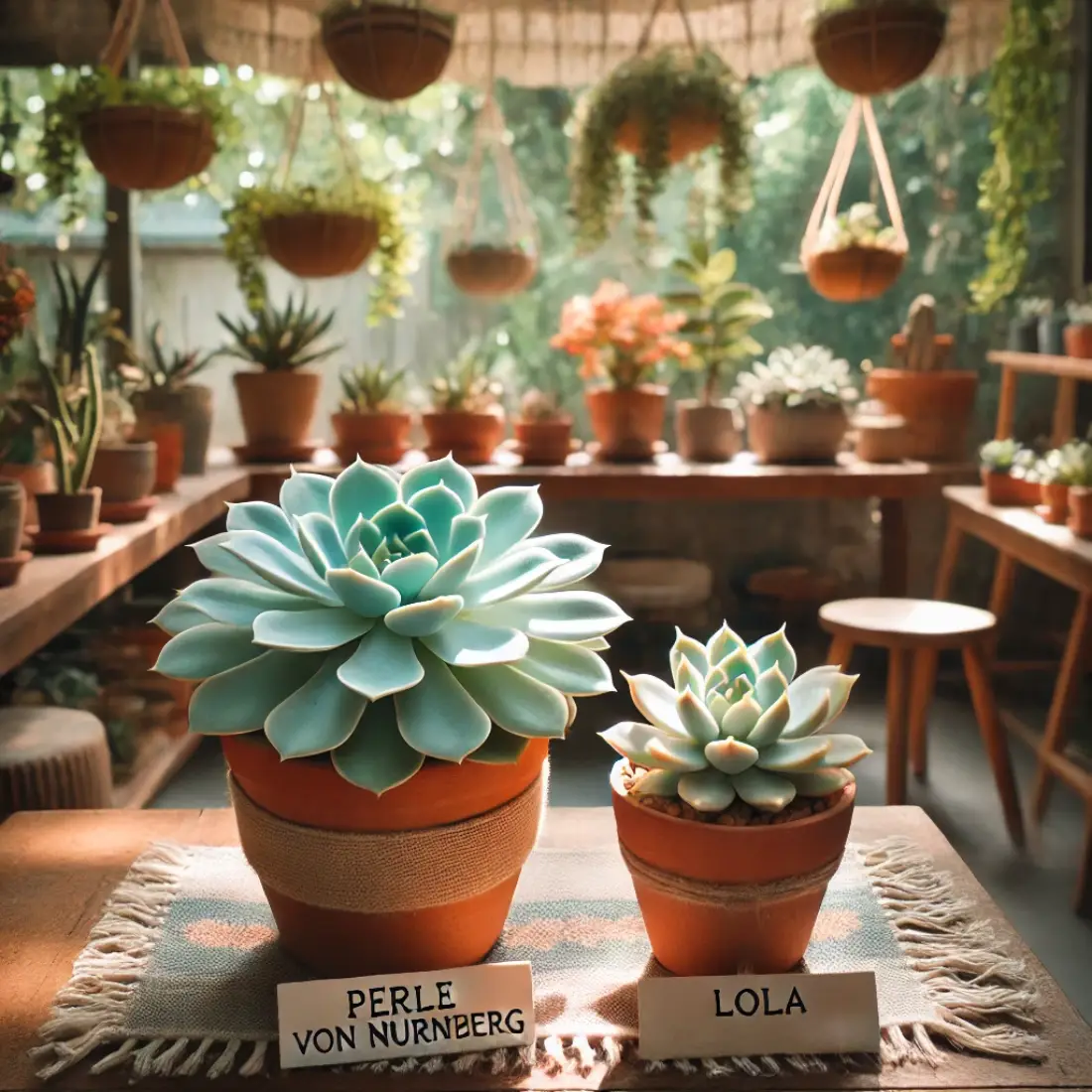 Indoor scene with Echeveria ‘Perle von Nurnberg’ in indirect sunlight, labeled, and Echeveria ‘Lola’ in partial shade, labeled, in rustic clay pots on wooden shelves.