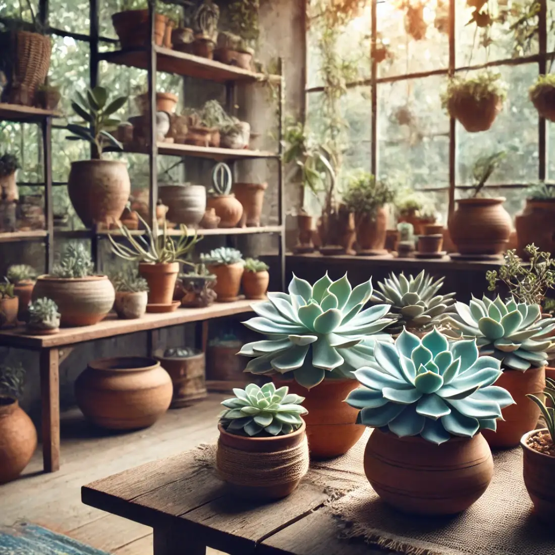 Echeveria succulents in rustic clay pots on wooden shelves, with natural light and a cozy home atmosphere.