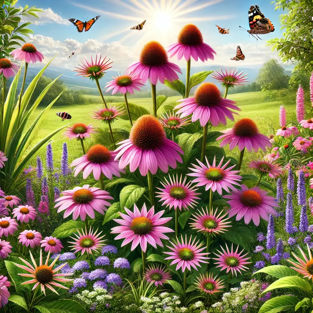 A garden filled with colorful Echinacea flowers in bloom, surrounded by lush green foliage, with butterflies and bees hovering above under a bright, clear blue sky.