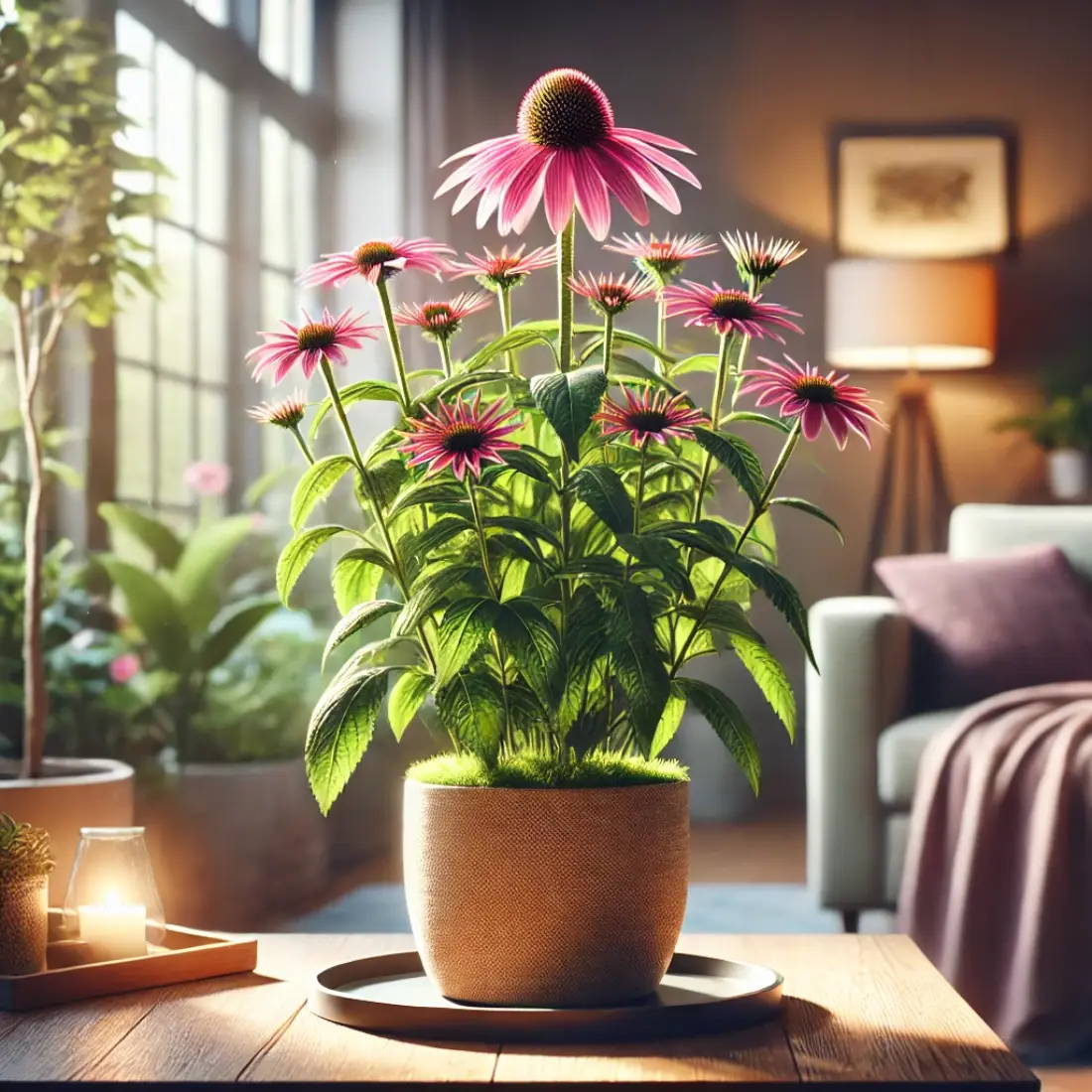 Cozy home with a well-lit indoor garden featuring a lush echinacea plant with vibrant pink flowers in a stylish pot, highlighted by natural sunlight.