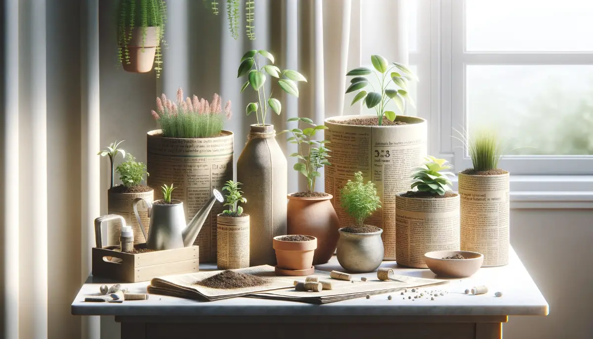 Simplified indoor garden with eco-friendly pots and natural fertilizer, showcasing minimalism and sustainability.