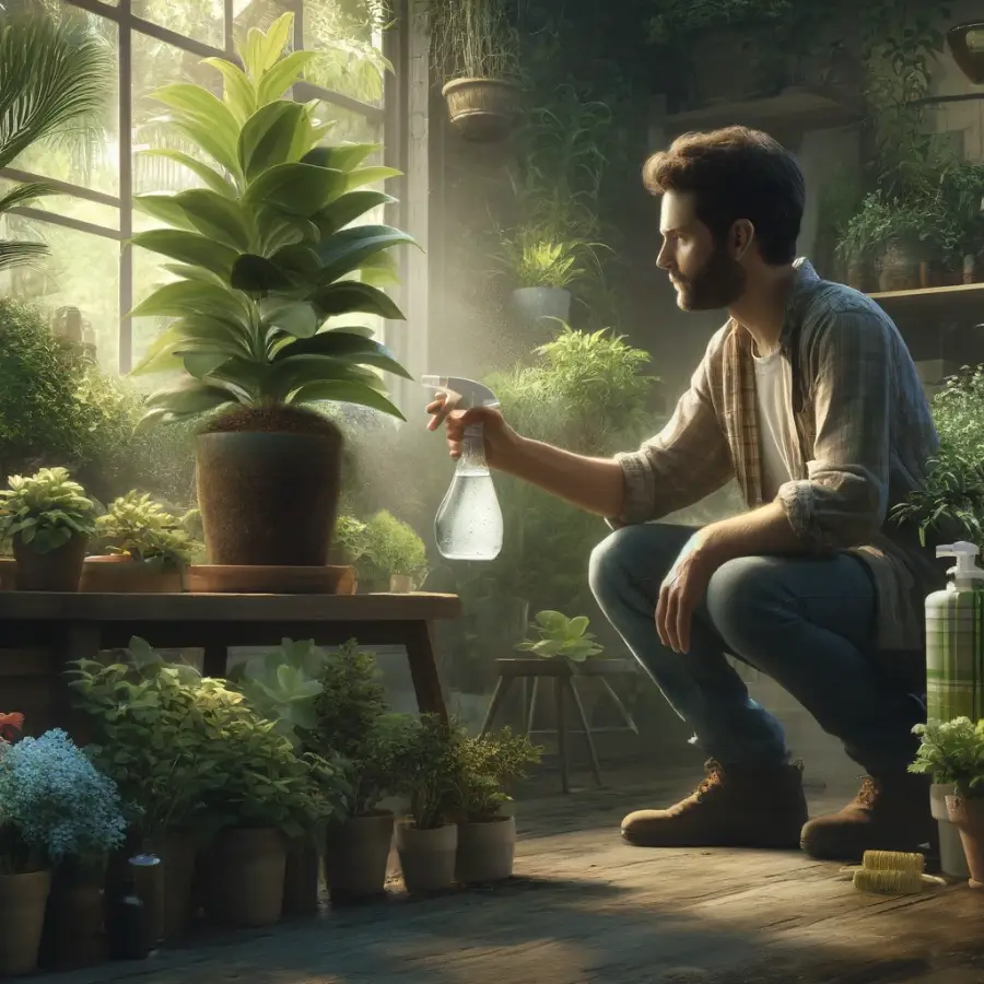 Detailed image of a gardener applying jojoba oil to houseplants in a vibrant, pest-free indoor garden.