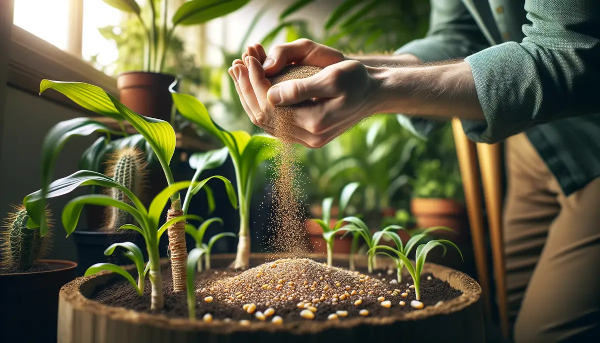 Detailed image of gardener's hands sprinkling corn gluten meal around green indoor plants, focusing on sustainable gardening practices.